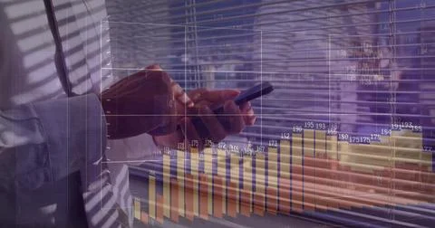 Image of financial data processing over caucasian man using smartphone 스톡 사진