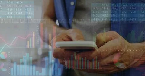Image of financial data processing over caucasian man using smartphone 库存照片