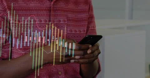Image of financial data processing over african american man using smartphone Stock Photos
