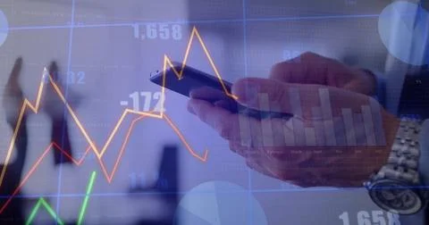 Image of financial data processing over caucasian man using smartphone Stock Photos