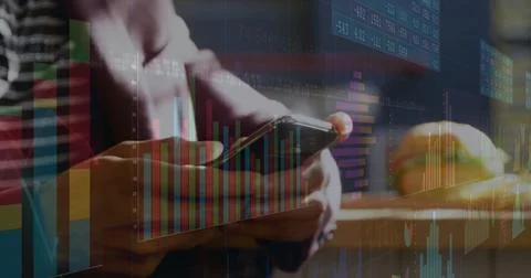 Image of financial data processing over caucasian man using smartphone Stock Photos