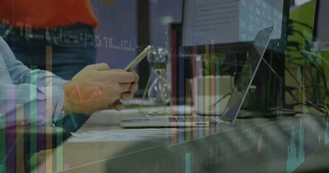Image of financial data processing over caucasian man using smartphone Foto stock