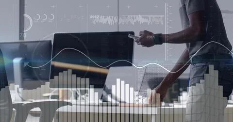 Image of financial data processing over african american man using smartphone 写真素材