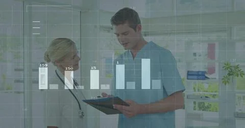 Image of financial data processing over diverse doctors Foto stock