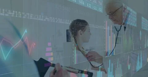 Image of financial data processing over caucasian male doctor with girl patient Foto stock