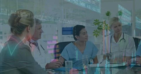 Image of financial data processing over diverse doctors Stock Photos