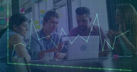 Image of financial data processing over diverse business people in office Stock Photos