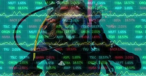 Image of financial data processing over caucasian woman scuba diving Foto stock