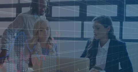 Image of financial data processing over diverse colleagues discussing work in 写真素材