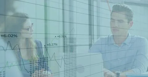 Image of financial data processing over diverse colleagues discussing work in Stock Photos