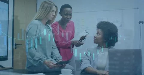 Image of financial data processing over diverse business people in office 写真素材