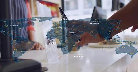 Image of financial data processing over biracial man scanning qr code in coffee Stock Photos