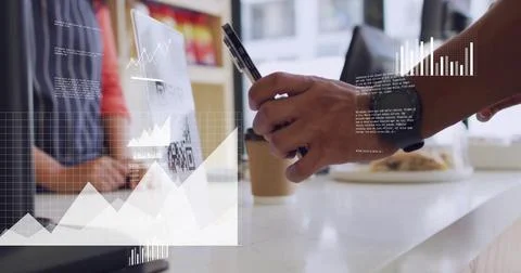 Image of financial data processing over biracial man scanning qr code in coffee Stock Photos