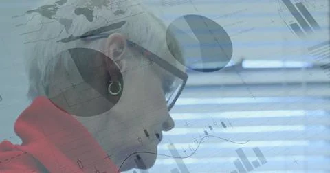 Image of financial data processing over diverse male doctor and senior female 写真素材