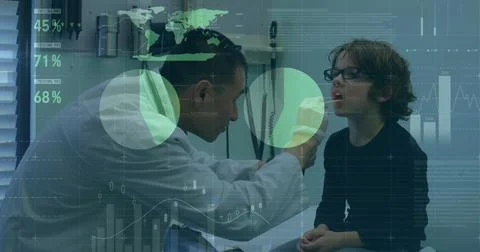 Image of financial data processing over diverse male doctor and boy patient Stock Photos