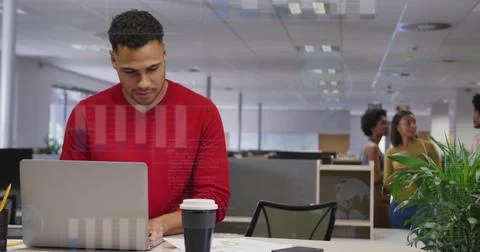 Image of financial data processing over biracial businessman using laptop in Foto stock