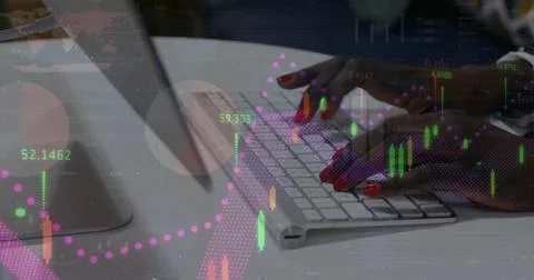 Image of financial data processing over african american woman using computer 写真素材