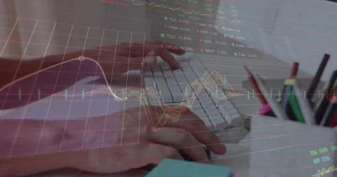 Image of financial data processing over caucasian man using computer Stock Photos