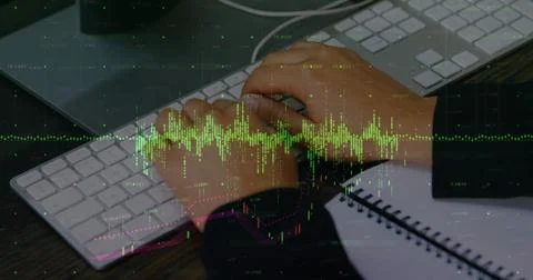 Image of financial data processing over caucasian man using computer 스톡 사진
