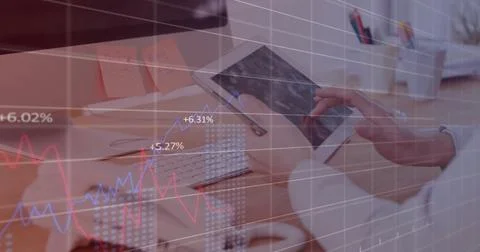 Image of financial data processing over caucasian man using tablet Stock Photos