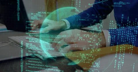 Image of financial data processing over caucasian man using computer Stock Photos