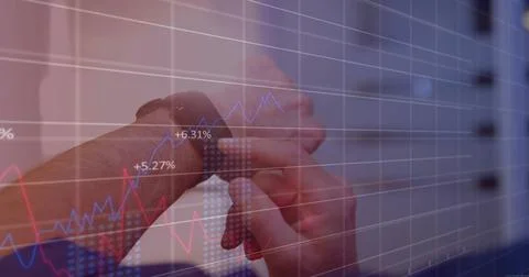 Image of financial data processing over caucasian man using smartwatch Stock Photos