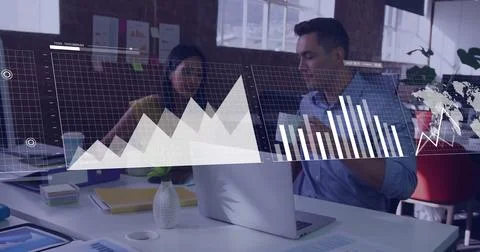 Image of financial data processing over diverse colleagues discussing work in Stock Photos
