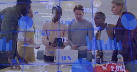 Image of financial data processing over diverse colleagues discussing work in Foto stock