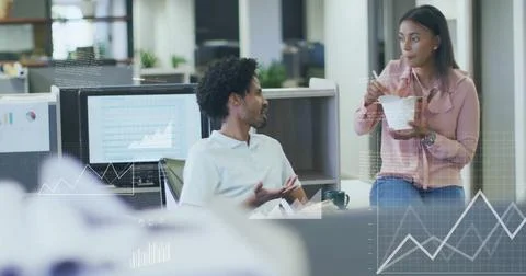 Image of financial data processing over diverse business people in office Stock Photos