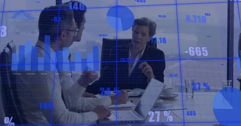 Image of financial data processing over diverse colleagues discussing work in Stockfoto's