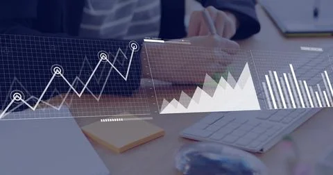 Image of financial data processing over caucasian businesswoman writing Stockfoto's