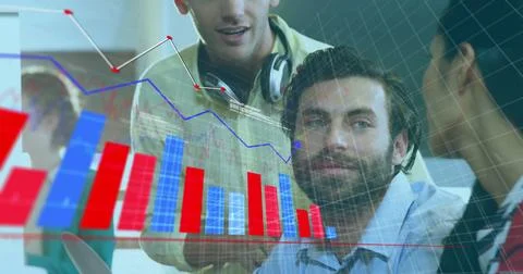 Image of financial data processing over diverse business people in office Foto stock