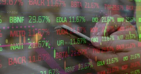Image of financial data processing over caucasian man using smartphone Stock Photos