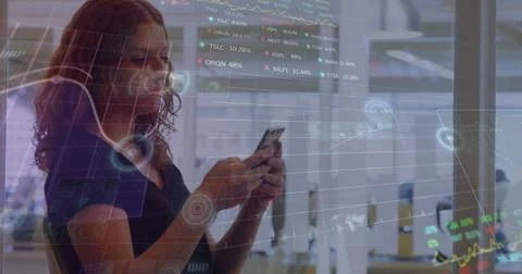 Image of financial data processing over caucasian businesswoman using smartphone Stock Photos