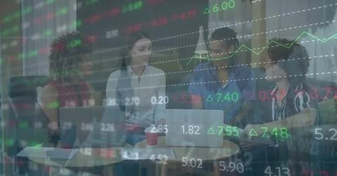 Image of financial data processing over diverse business people in office Stock Photos