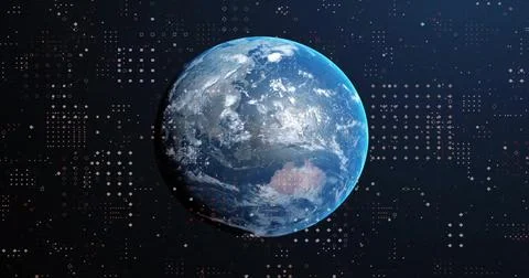 Image of financial data processing over globe on blue background 写真素材