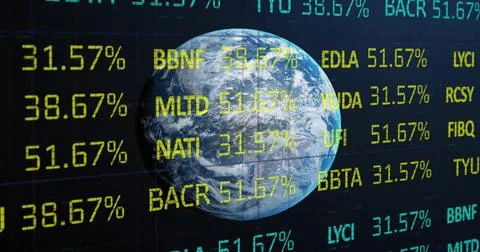 Image of financial data processing over globe on blue background Stock Photos