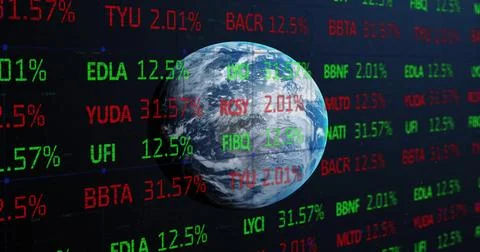 Image of financial data processing over globe on blue background 스톡 사진