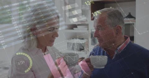 Image of financial data processing over senior caucasian couple drinking coffee Stock Photos