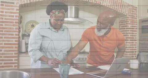 Image of financial data processing over senior african american couple using Stock Photos