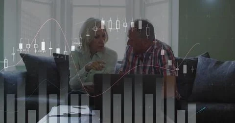 Image of financial data processing over senior caucasian couple using laptop Stock Photos