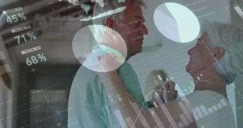 Image of financial data processing over senior caucasian couple dancing Stock Photos