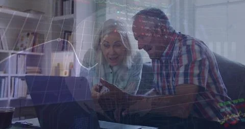 Image of financial data processing over senior caucasian couple using laptop Stock Photos