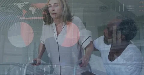Image of financial data processing over senior diverse couple using walking Stock Photos