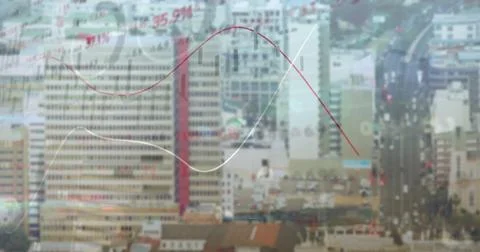 Image of financial data processing over cityscape Foto stock