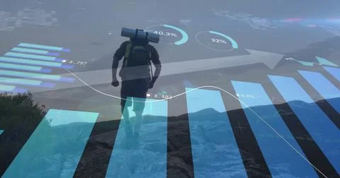 Image of financial data processing over caucasian man hiking in mountains 스톡 사진