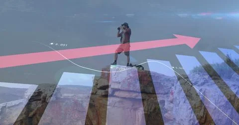 Image of financial data processing over caucasian man hiking in mountains Stock Photos