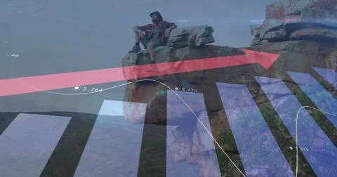 Image of financial data processing over caucasian man hiking in mountains Stockfoto's