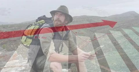 Image of financial data processing over caucasian man reading map in mountains Stock Photos