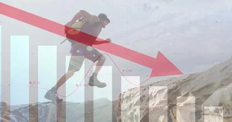 Image of financial data processing over caucasian man hiking in mountains Foto stock